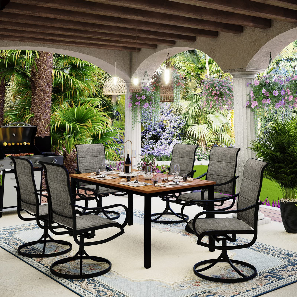 MFSTUDIO 7 Pieces Patio Dining Sets,Outdoor Furniture Set Including 1x 64 Rectangle Wood-like Table Table and 6 Padded Sling Swivel Chairs Metal Dining Set for Backyard,Garden,Deck MFSTUDIO