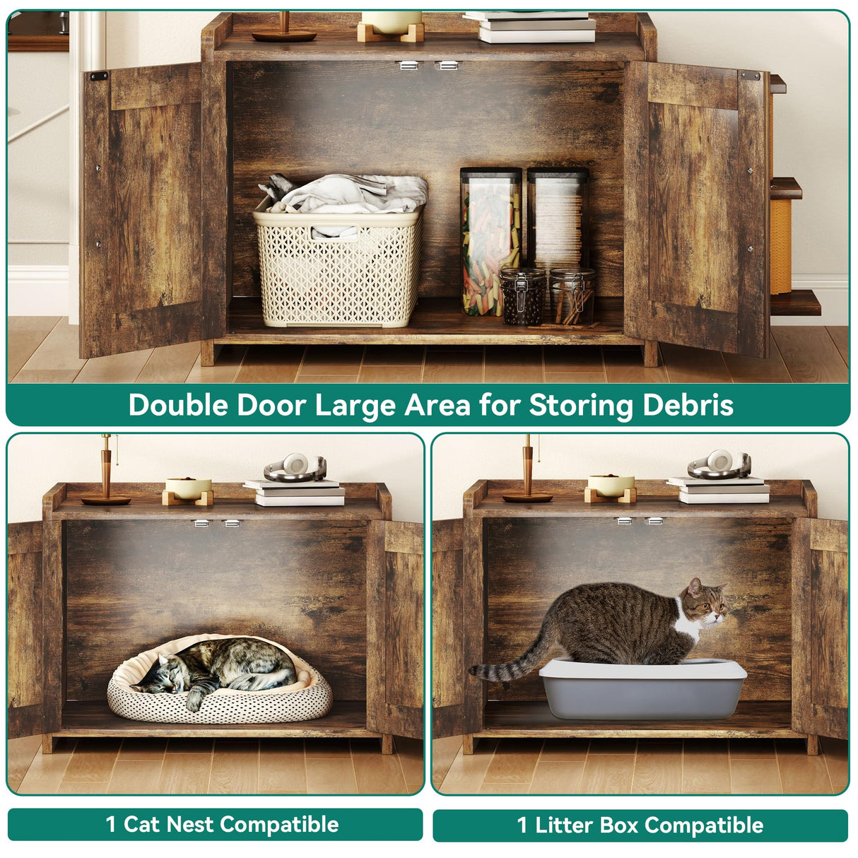 YITAHOME 27" Cat Litter Box Enclosure, Modern Cat Litter Box Furniture Hidden with Scratching Post&cusion, Wooden Cat House as Side End Table Nightstand, Fit Most of Litter Box, Brown YITAHOME