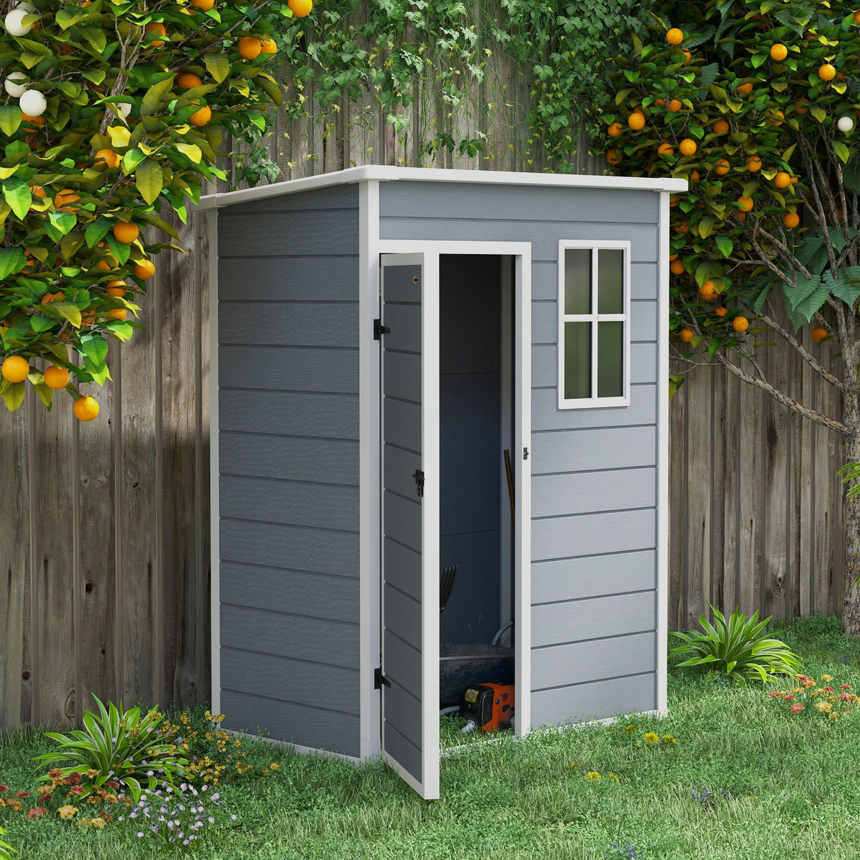 Outsunny 5' x 3' Resin Outdoor Storage Shed with Floor, Garden Shed with Lockable Door, Window and Vent, Plastic Utility Tool Shed for Backyard, Patio, Lawn, Gray Outsunny