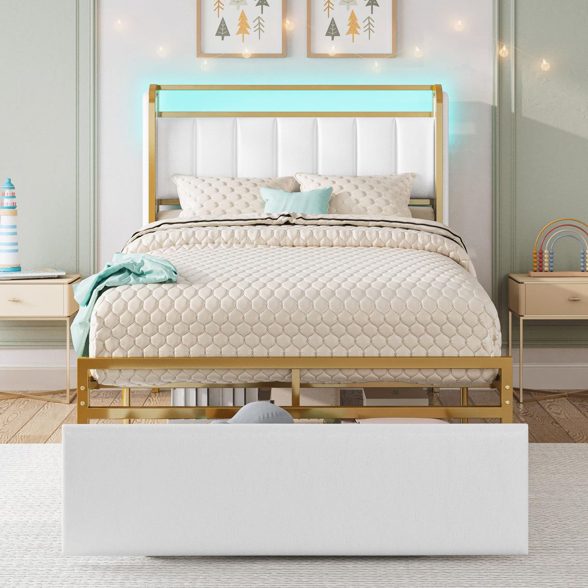 LIKIMIO Twin Size Bed Frame with Armrests Headboard & RGB Light, Upholstered Twin Size Bed Platform with Drawers, No Box Spring Needed, Study & No Noise, Modern Gold and White LIKIMIO