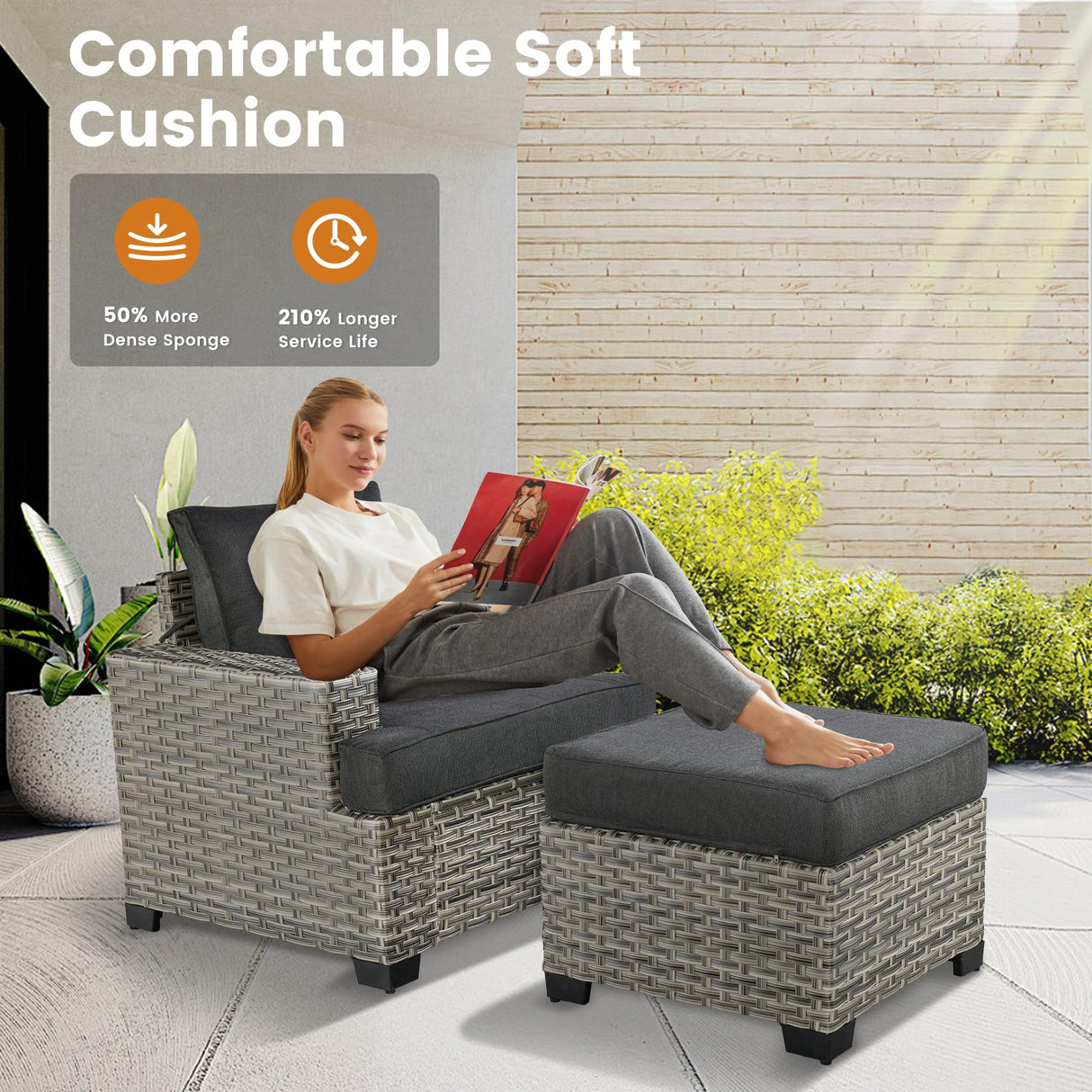 CAODOC Patio Furniture Sets 7 Pieces Outdoor Sectional Rattan Sofa Manual Weaving Wicker Patio Conversation Set with Ottomans and T Cushion(Black) CAODOC