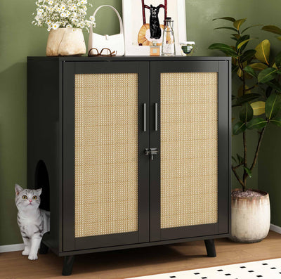 DAWNSPACES Large Cat Litter Box Enclosure, 2 in 1 Hidden Cat Washroom Furniture with Sisal Covered Doors, 2 Layers Wooden Cat Cabinet with Adjustable Shelf, Side Table TV Stand for Living Room, Black