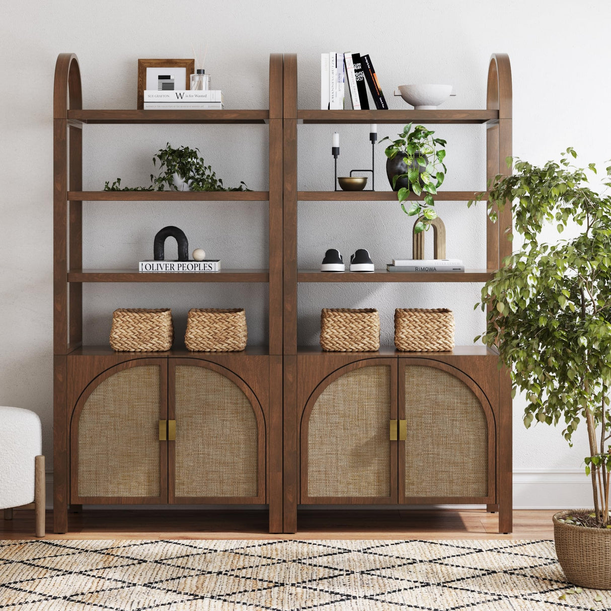 Nathan James Paxton Boho Arched Bookshelf Cabinet with Solid Wood Frame and Rattan Base, Dark Acacia, Set of 2 Nathan James