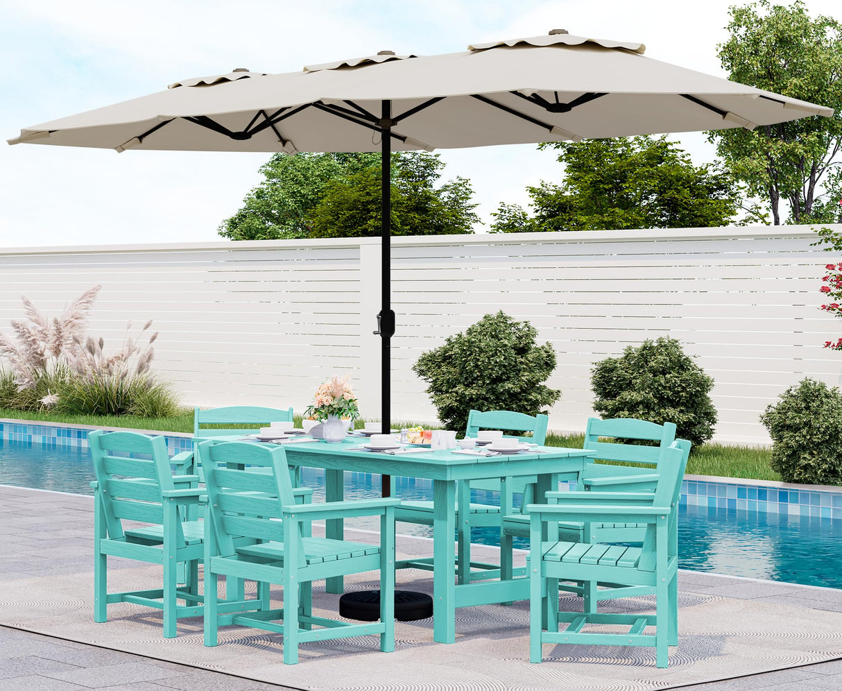 SERWALL 8-Piece Patio Dining Sets with 15FT Double Side Patio Umbrella, Outdoor HDPE Dining Furniture Set with Umbrella Hole Cut-Out Table and 6 Chairs, Aruba(Umbreall Base not Included) SERWALL