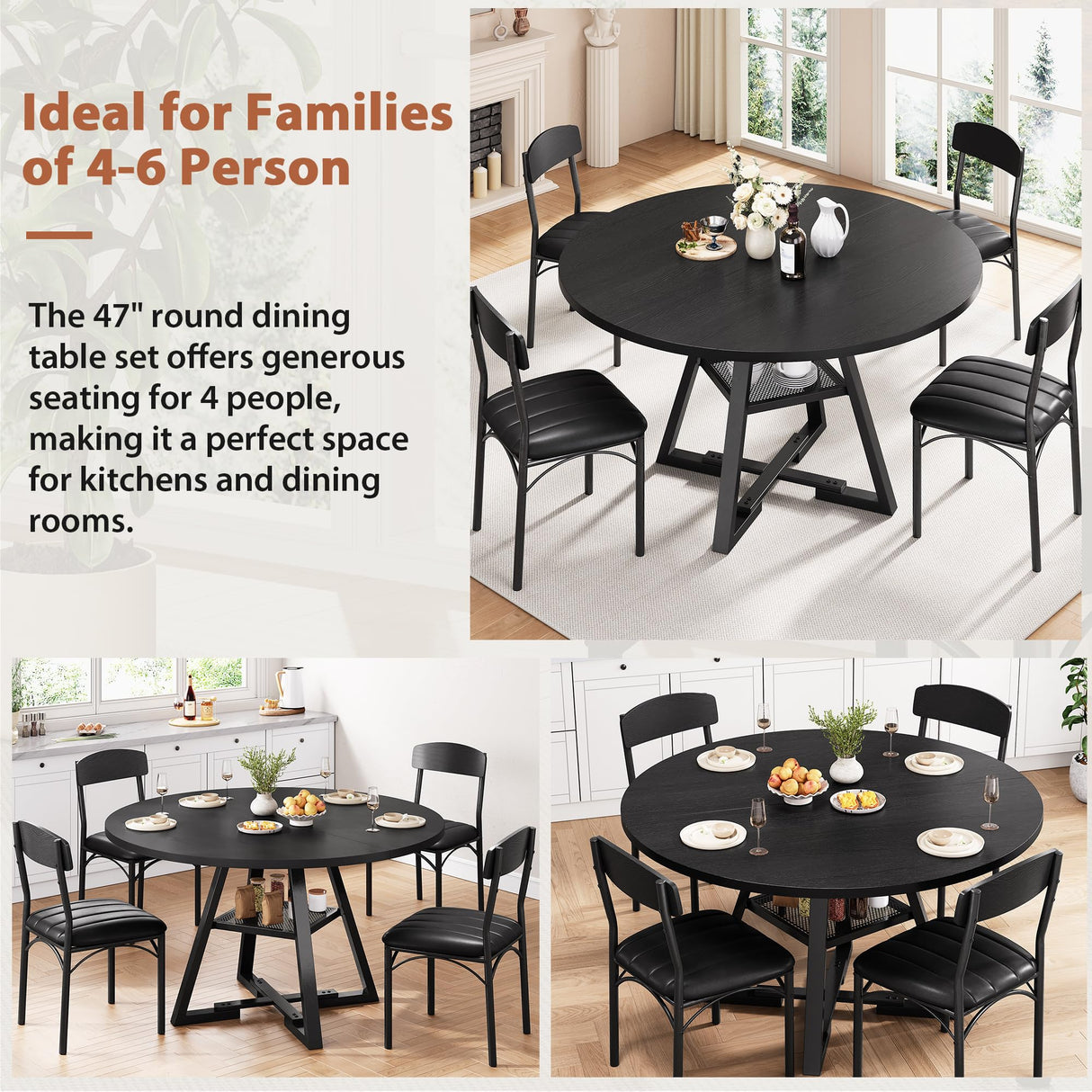 Round Dining Table Set for 4, Kitchen Table and Chairs for 4, Circle Table Round Pedestal Dining Room Dinner Dinette Table Set,5 Piece Space Saving Wood Kitchen & Dining Room Tables (Black, 47In) Jocoevol
