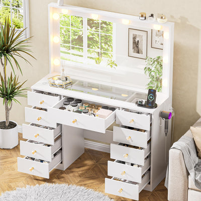 43.3" Vanity with Large Mirror and 10 LED Lights, Vanity Desk with Glasstop, 11 Drawers with Crystal Handles, Dressing Table with Power Outlet as Gift for Women, Girls (White)