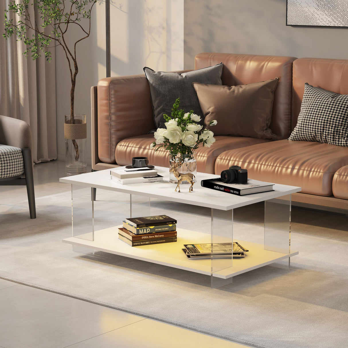 HedoAjim 43" Acrylic Coffee Table with Wood Top, Minimalist Stylish Modern Rectangular Center Tables for Living Room, Led Living Room Table with Storage Shelf & Acrylic Frame for Small Space HedoAjim