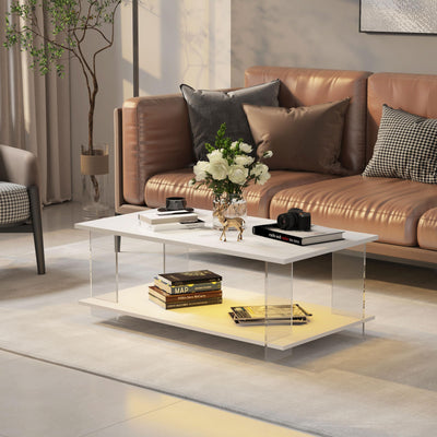 HedoAjim 43" Acrylic Coffee Table with Wood Top, Minimalist Stylish Modern Rectangular Center Tables for Living Room, Led Living Room Table with Storage Shelf & Acrylic Frame for Small Space