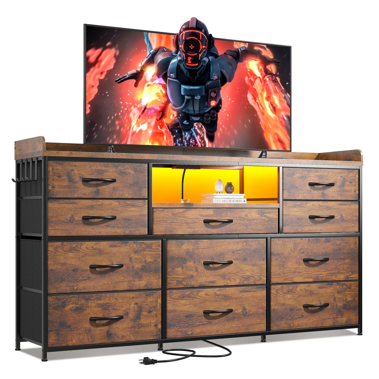EnHomee Dresser for Bedroom with 11 Drawers for 60" TV Stand for Bedroom with LED Lights & Charging Station Long Dresser with Shelves & 4 Hooks Sturdy Metal Frame & Fabric Drawers (Rustic Brown) EnHomee