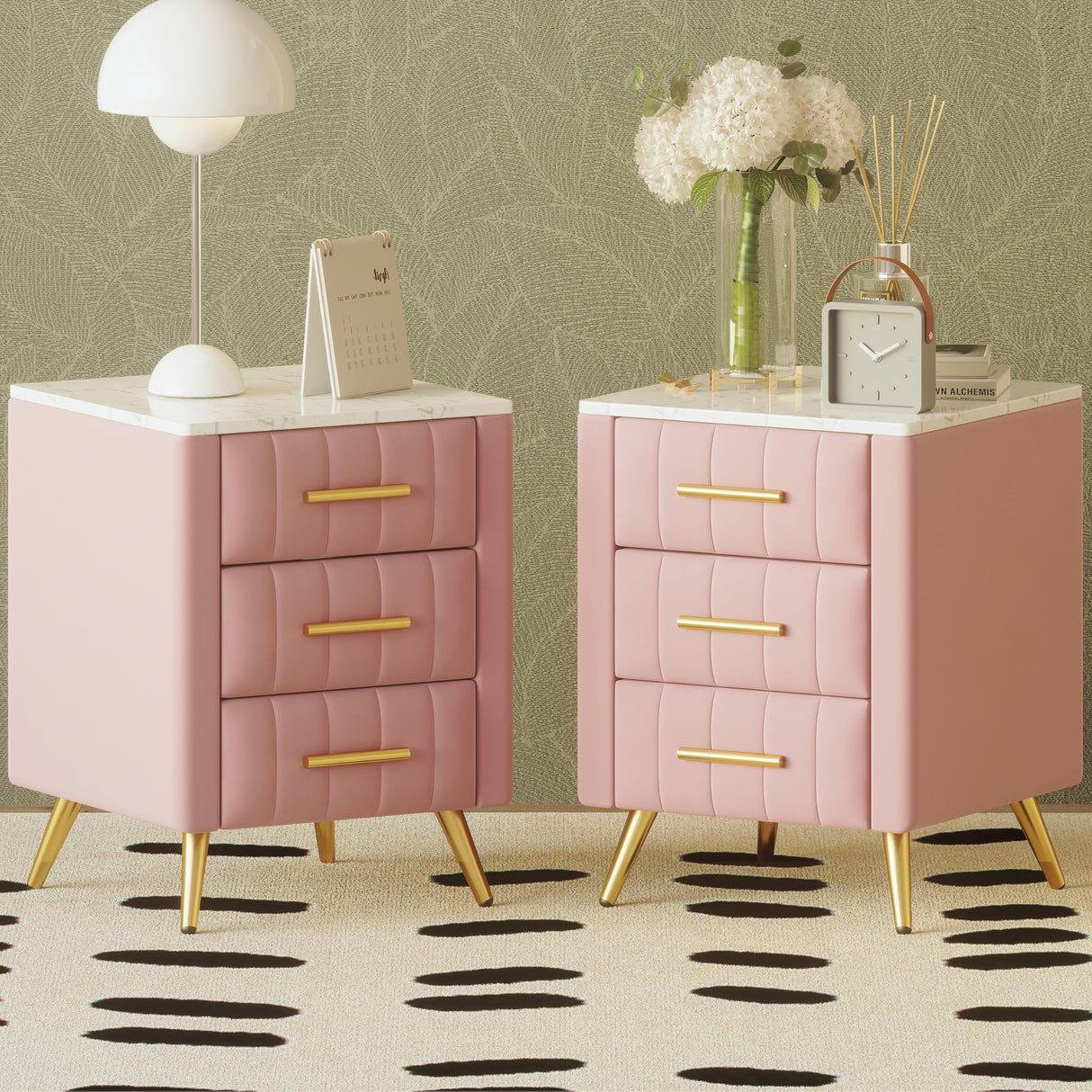Merax Nightstand with Drawers Set of 2, Upholstered Wood Bedside End Table with Marbling Top, Pink Merax