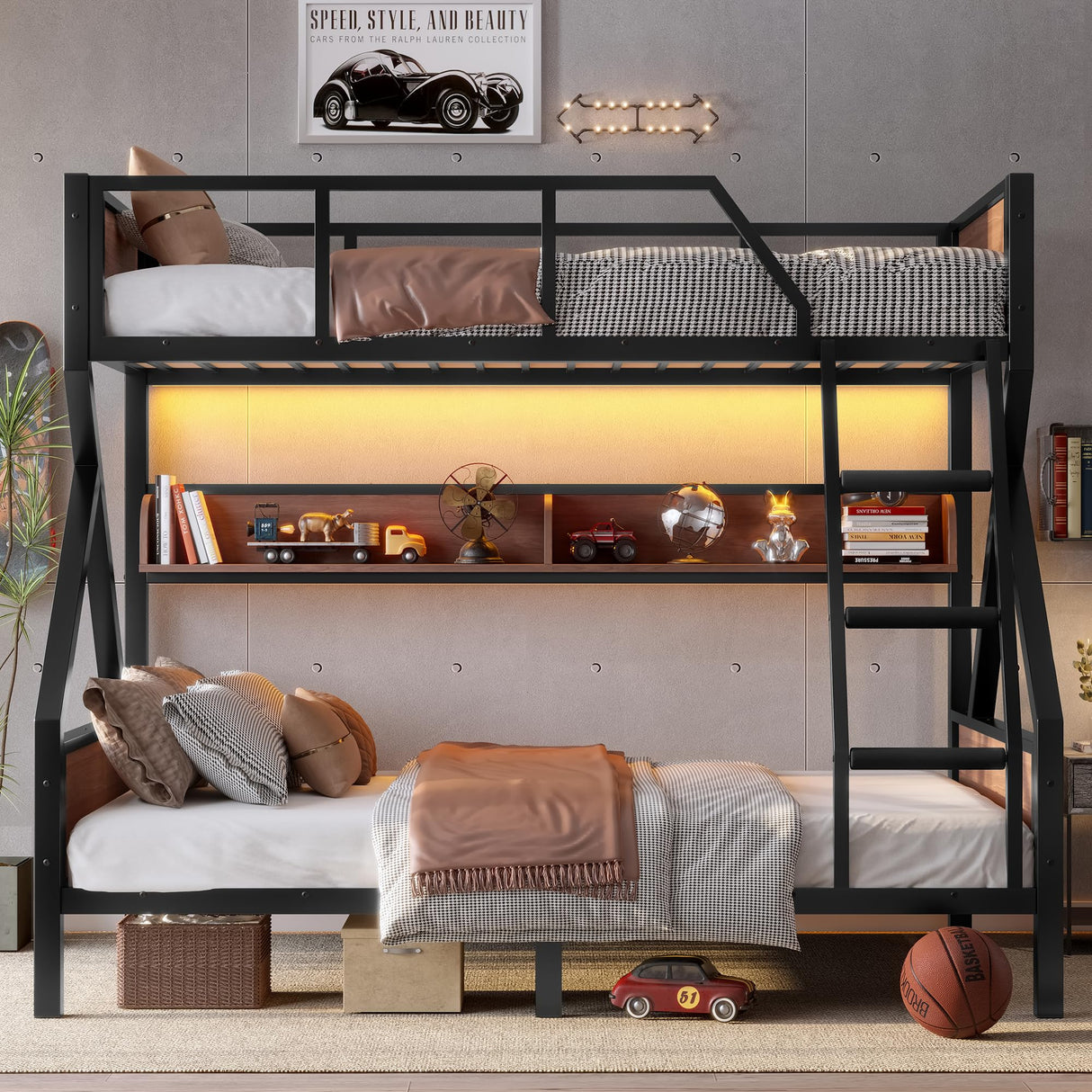 Bellemave Bunk Beds Twin Over Full Size with Storage Shelves & LED Light, Metal Twin Over Full Bunk Bed Frame with Wood Board & Sturdy Slats, Heavy Duty Bed Frame, Noise Free, Black Bellemave