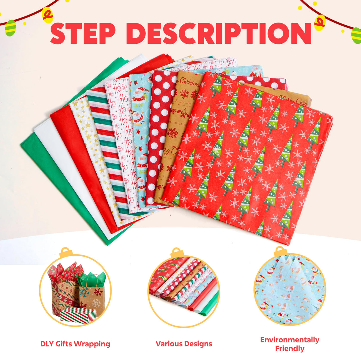 Joiedomi 150 Sheets Christmas Tissue Paper Assorted Design; Easy and Fast Gift Wrapping Accessory Perfect for present Boxes, Xmas Gift Wrapping Bags and Wine Bottles Joiedomi