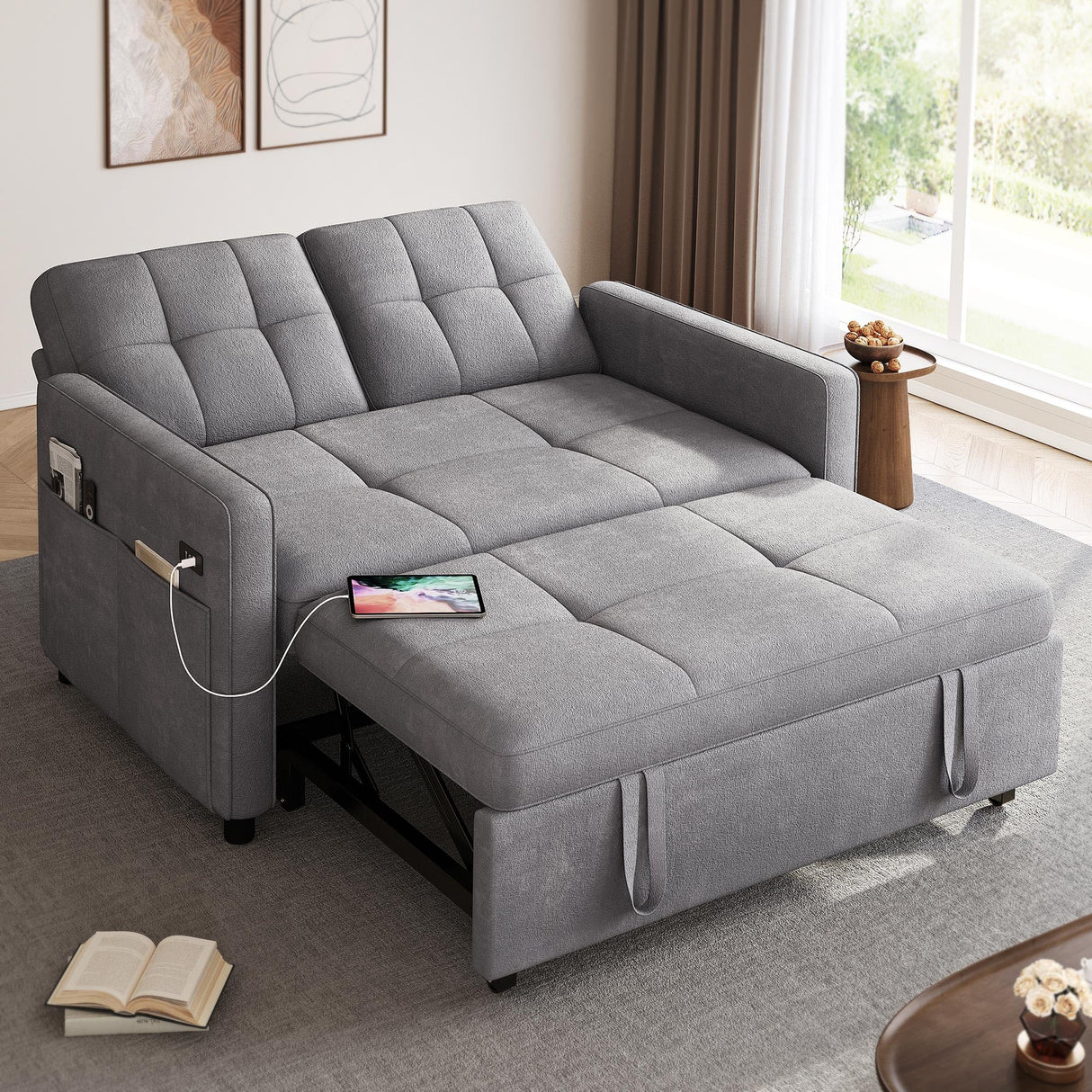 YITAHOME 55" Convertible Sofa Bed, 3-in-1 Sleeper Sofa with Pull-Out Bed, Cat-Scratch-Proof Futon Couch with 5-Levels Reclining Backrest, USB and Side Pocket, Modern Loveseat for Living Room, Grey YITAHOME