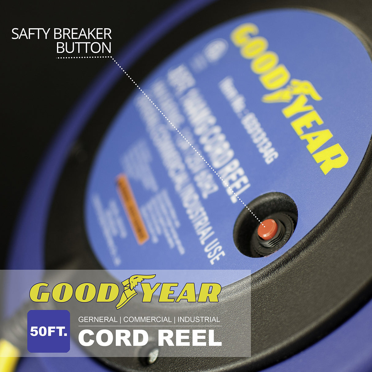 Goodyear Extension Cord Reel Retractable 16AWG x 50' Foot 3C/SJTOW Commercial Cable LED Triple Tap Connector Power 10A 125VAC 938W Goodyear