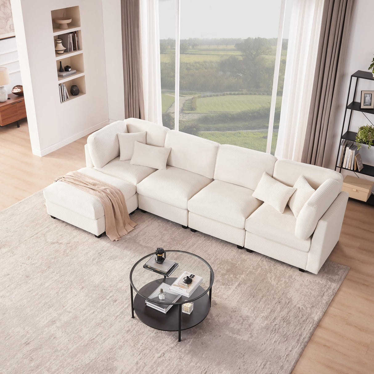 Huatean Home 125 Inch Oversized Corduroy Modular Sectional Sofa, U Shaped Modular Couch with Storage, 5 Seat Convertible Corduroy Couch, Comfy Sectional Couches for Living Room with Foam, Light Beige Huatean Home