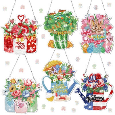 Chitidr 6 Pcs Seasonal Diamond Painting Kits 5d DIY Holiday Flowers Diamond Art Painting Hanging Signs for Spring Ventines Easter St. Patrick's Day Memorial Day Summer Wall Door Window Decor