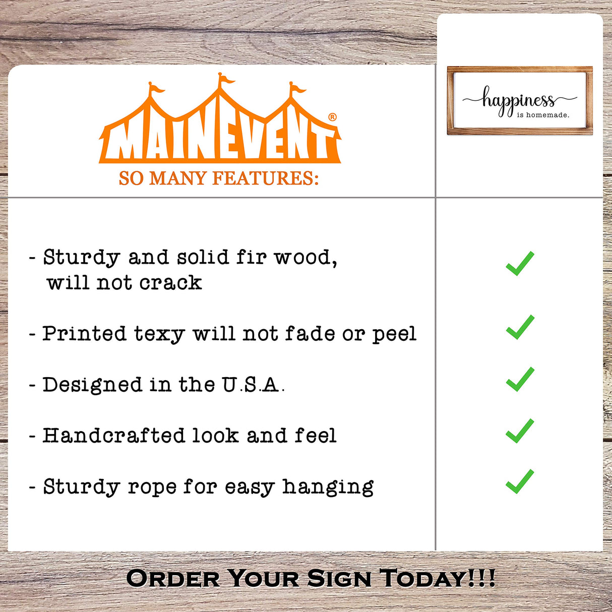 Happiness Homemade Inspirational Farmhouse Decor, Rustic Wall Art, 8x17 Inch Wood Framed MAINEVENT