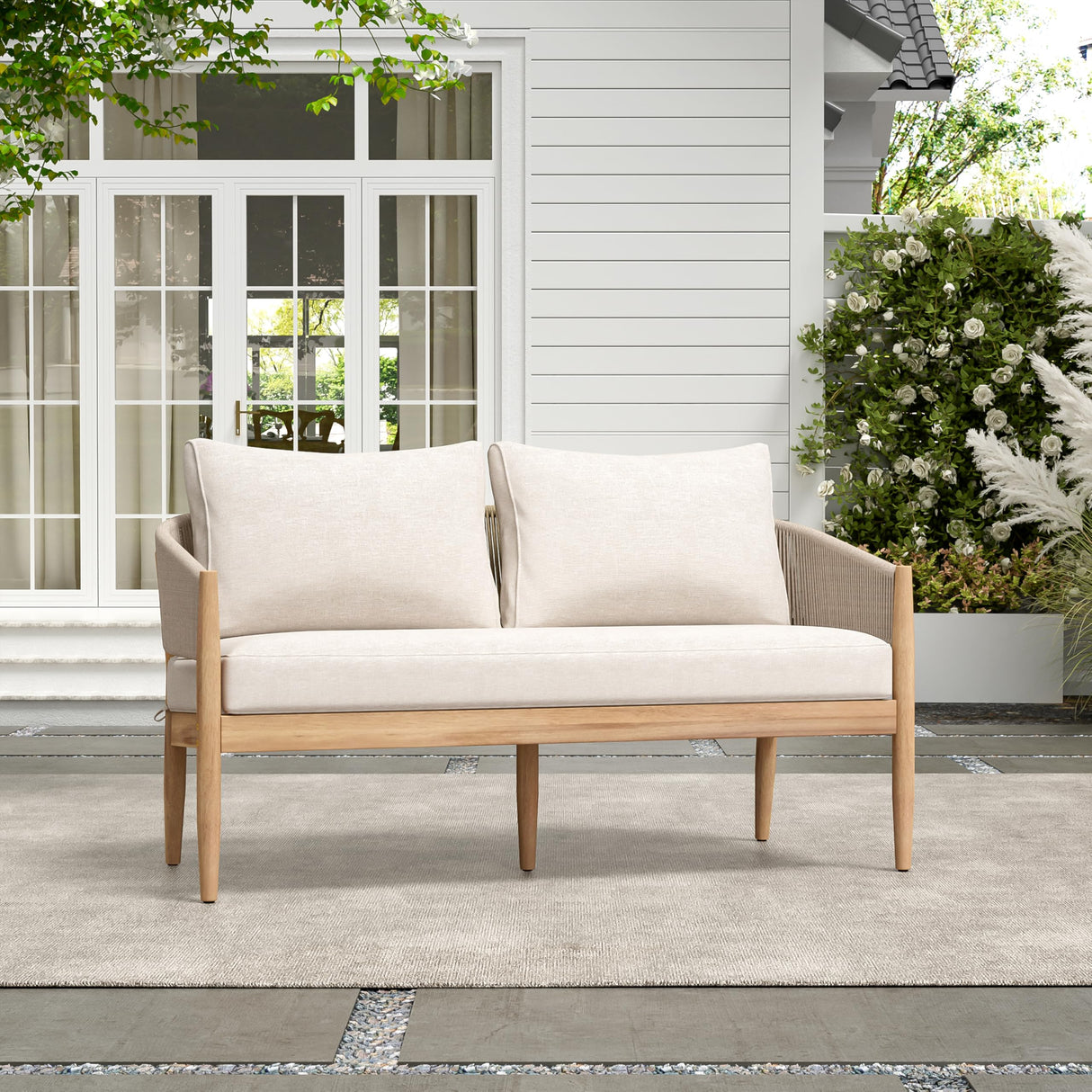 Christopher Knight Home Katarina Patio Acacia Wood Loveseat Furniture, Outdoor Loveseat Sofa with Comfy Fabric Cushions, 2-Seater Sofa with Handwoven Rope Backrest for Garden, Light Brown+Beige Christopher Knight Home