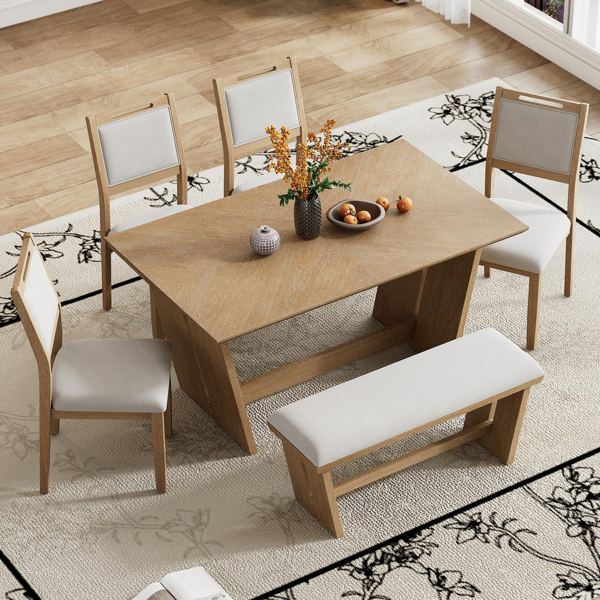 Merax 6-Piece Retro Dining Set, 1 Rectangular Table with Stable Trapezoidal Table Base and 4 Upholstered Chairs and 1 Bench for Dining Room and Kitchen, Natural Wood Wash Merax