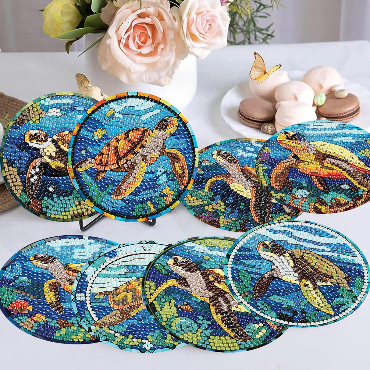 mrpwnle 8 Pack Turtle Diamond Art Coasters Kits, Sea Turtle Diamond Painting Coasters Kits Set with Holder Cork Pads, DIY Diamonds Art Non Slip Coaster Crafts Supplies Kit mrpwnle