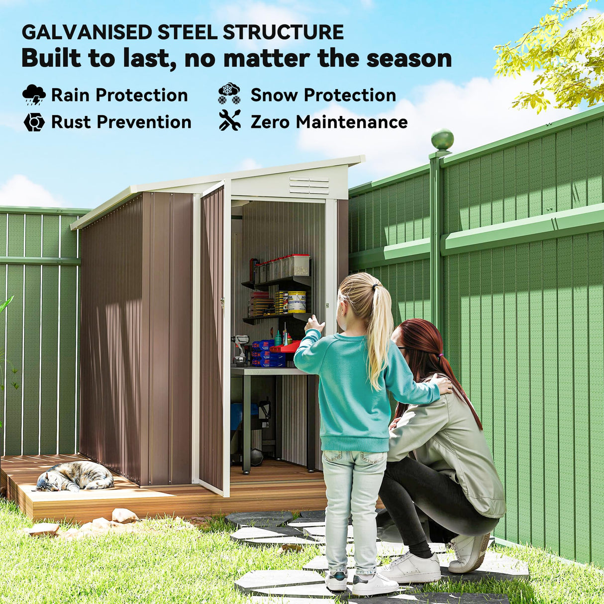 Outsunny 4' x 8' Metal Outdoor Storage Shed, Lean to Storage Shed, Garden Tool Storage House with Lockable Door and 2 Air Vents for Backyard, Patio, Lawn, Brown Outsunny