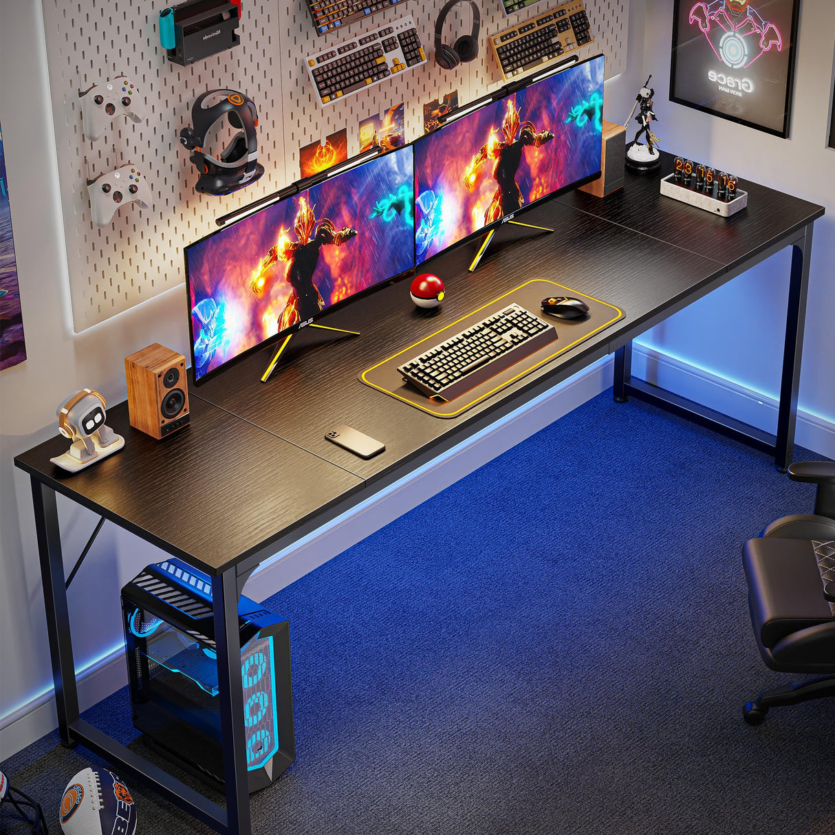 Huuger Computer Desk, 70 Inch Office Desk, Gaming Desk with Storage, Writing Desk Work Desk for Home Office, Study, Long Simple Desk, Large Legroom, Metal Frame, Black Huuger