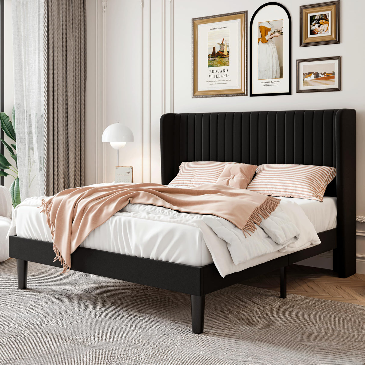 SHA CERLIN Queen Size Velvet Bed Frame with Vertical Channel Tufted Wingback Headboard, Upholstered Platform Bed with Wood Slats, No Box Spring Needed, Easy Assembly, Black SHA CERLIN