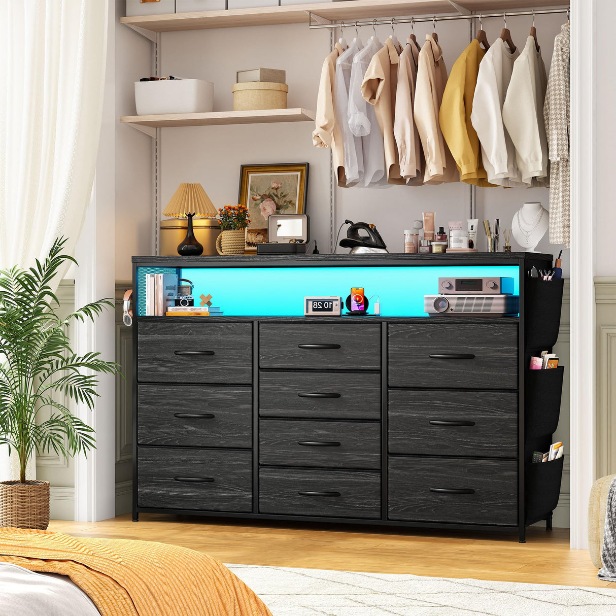 EnHomee 55" Dresser & TV Stand with 10 Fabric Drawers, Wooden Open Shelves, Power Outlets & LED Lights, Multi-Functional Storage Unit for Bedroom, Closet, Black EnHomee