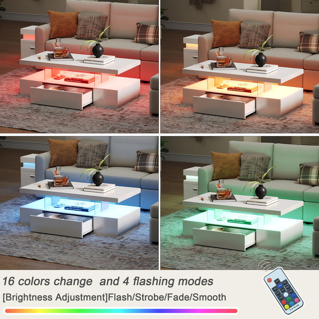 ChooChoo Modern LED Coffee Table, High Glossy Coffee Table with Drawer, Coffee Table with Storage for Living Room, Bedroom, White ChooChoo