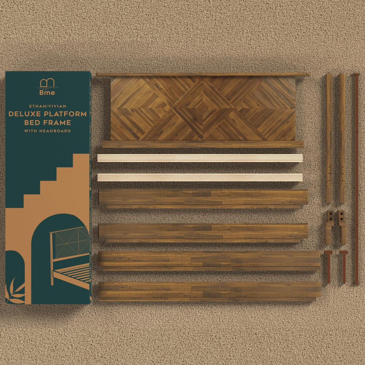 Ethan King Platform Bed Frame with Headboard - Stylish Acacia Wood in Rustic Dark Brown Finish Bme