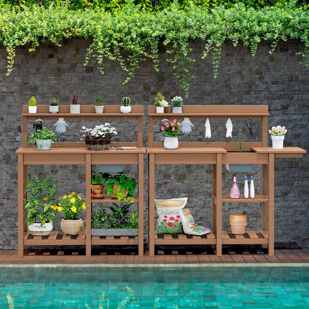 SERWALL Potting Bench Outdoor Potting Table with Sink, HDPE Potting Benches for Outside Gardening Table All Weather Use- Brown SERWALL