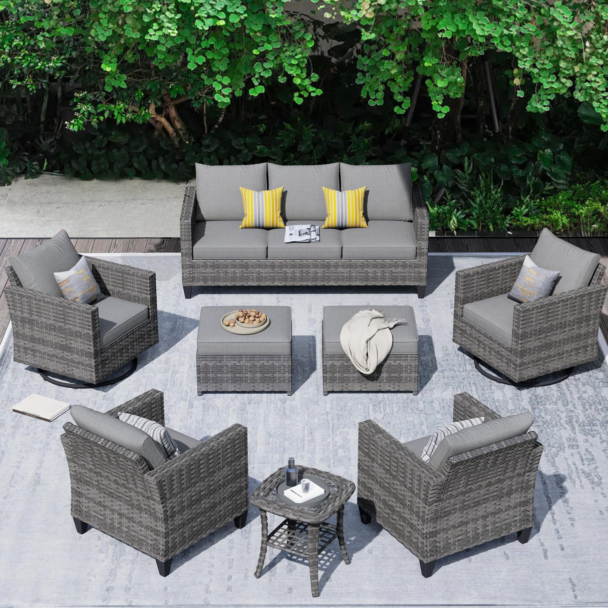 HOOOWOOO Wicker Patio Conversation Sets,8 Piece Outdoor Furniture Set with Swivel Rocking Chairs,All Weather Resistant Modern Outside Out Door Rattan Couch Chairs Side Table Set,Charcoal Gray HOOOWOOO