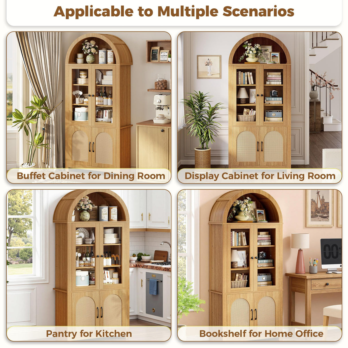 IRONCK Arched Bookshelf with Glass Door, 75" Tall Bookcase with LED, 6 Tier Storage Cabinet with Rattan Door, Large Pantry Cabinet for Living Room Kitchen Office IRONCK