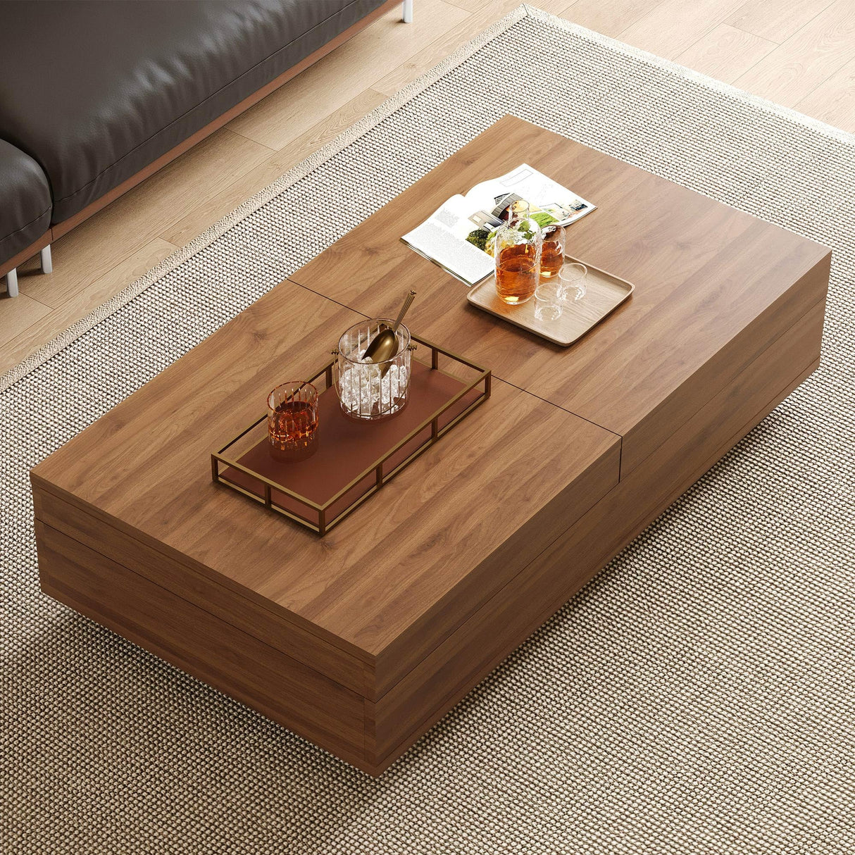 Mid-Century Modern Expandable Coffee Table, 47.2"-81.8" Adjustable Walnut Center Table with Large Hidden Storage for Living Room NessCarsti