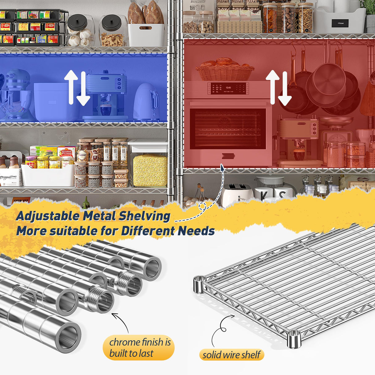 REIBII 70" W Wire Shelving Load 1500LBS, Metal Shelving 5-Tier Storage Shelves Metal Shelves for Storage Adjustable Shelving Rack for Pantry Kitchen Commercial School 70" W*15.8" D*72.4" H,Chrome REIBII
