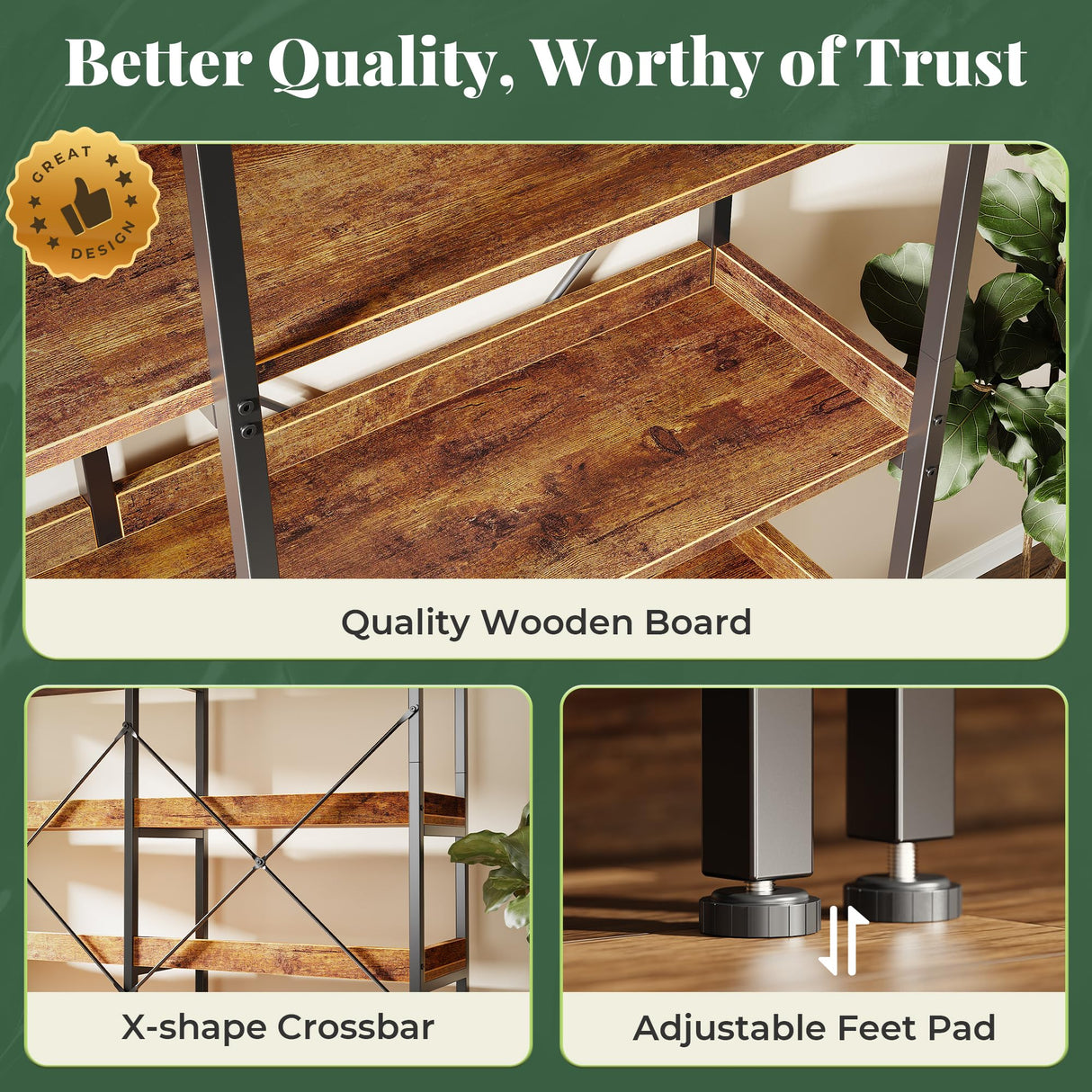 Huuger 5 Tier Bookshelf, Display Bookshelf with 10 Open Shelves and Raised Baffle, 47.2 Inch Straight Wide Bookcase with Metal Frame and Wooden Board, Adjustable Feet, Rustic Brown Huuger