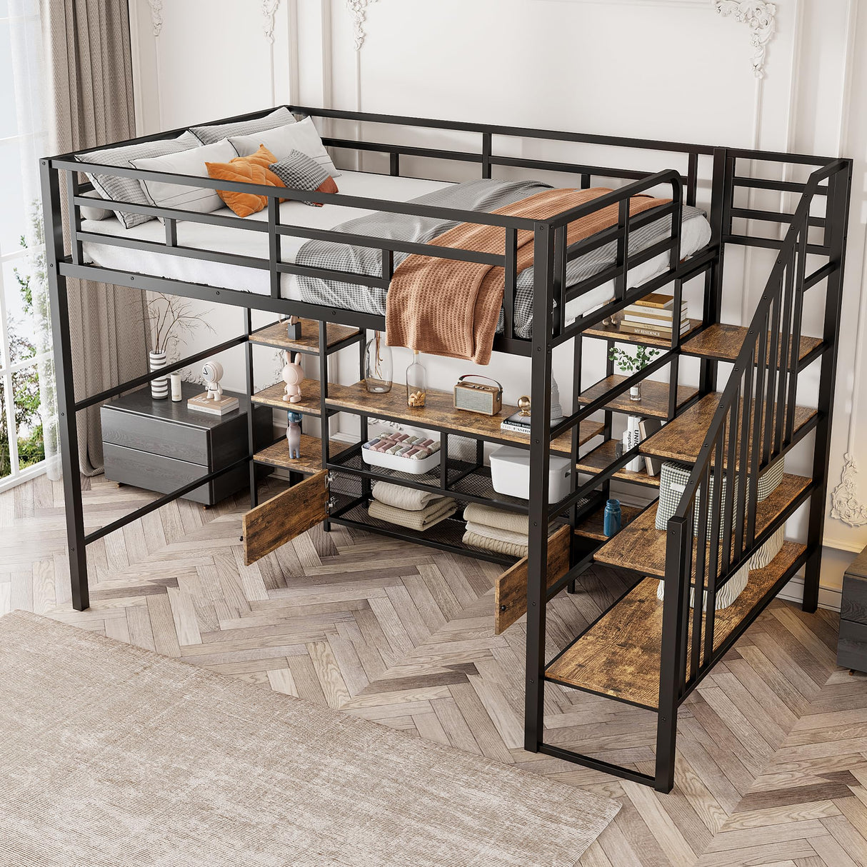 Harper & Bright Designs Full Size Loft Bed with Staircase and Desk, Metal Full Loft Bed Frame with Storage Shelves, Full Storage Bed for Kids Girls, Boys, Teens, Gray Harper & Bright Designs