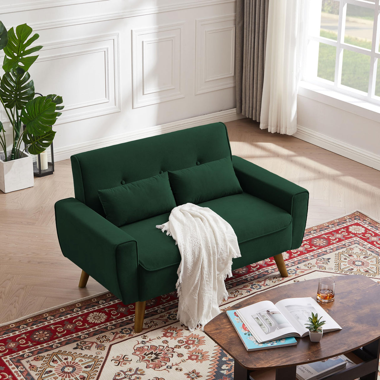 Jarenie 48.8" Small Loveseat Sofa, Mid Century Modern Love Seat Couch with Back Cushions and Wood Legs, 2 Seater Couches for Living Room, Bedroom, Small Spaces, Green Jarenie