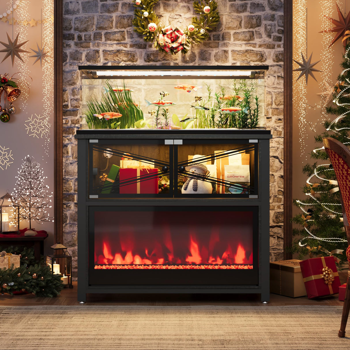 40-50 Gallon Fish Tank Stand with 20-Color LED Flames, No Heat, Metal Frame Structure Aquarium Stand, Glass Doors Storage Cabinet Holds Up to 700 LBS, Fit for Turtle Tank, Reptile Tank (Black) Rresyet