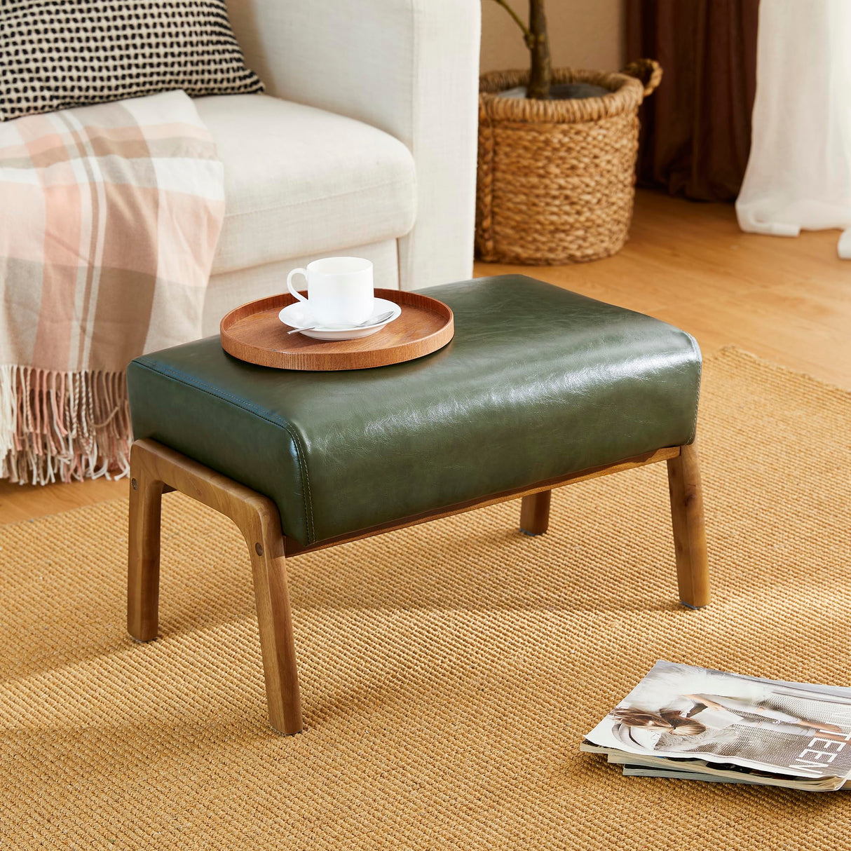 Glitzhome Foot Stool Ottoman, Modern Leatherette Sofa Stool Vanity Chair with Rubber Wood Frame, Footrest Ottoman Bench for Living Room, Entryway, Hunter Green Glitzhome