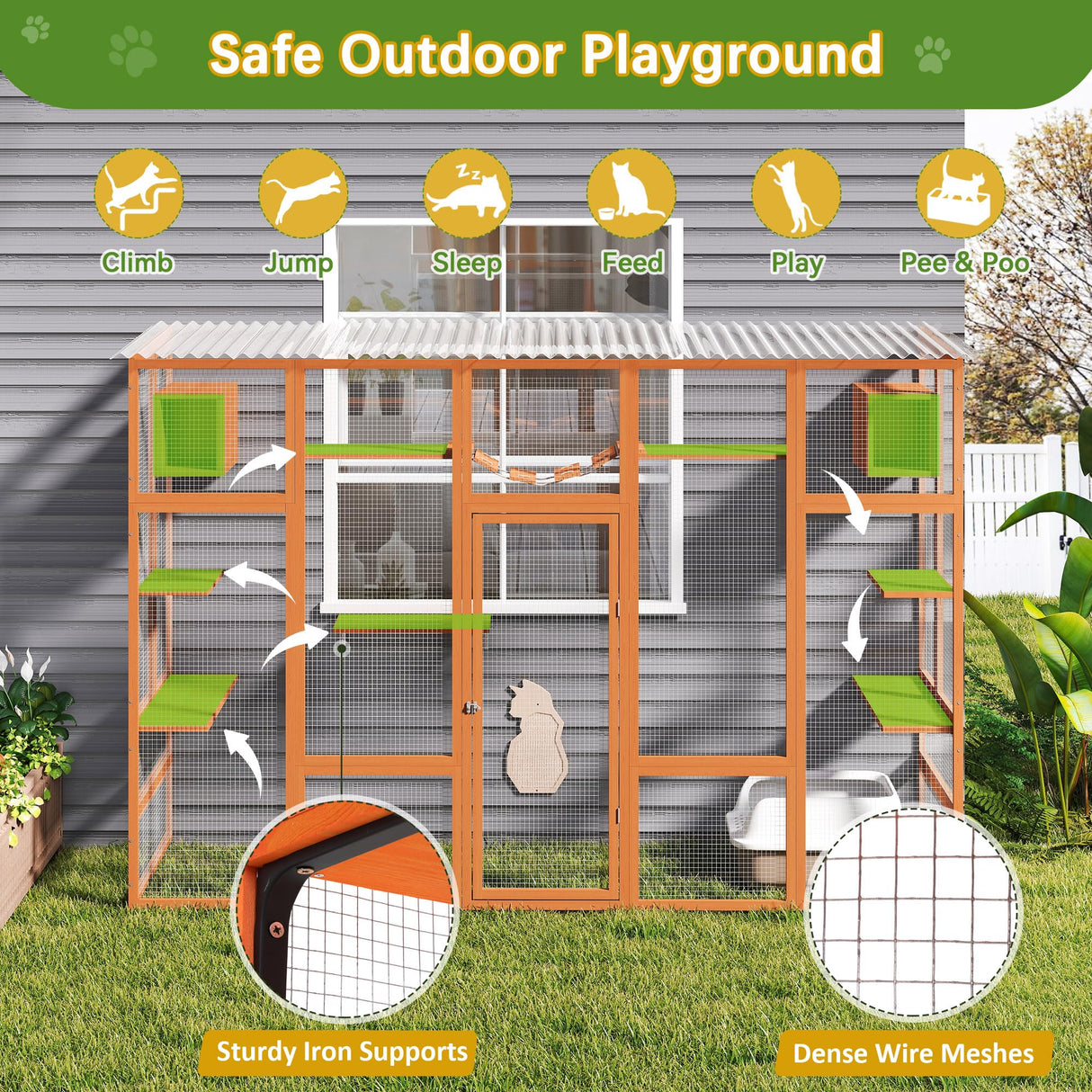 104" L Catio Outdoor Cat Enclosure Window, Wooden Walk-in Expandable Outdoor Large Cat Cattery for Multiple Kitties, Weatherpoof, Orange COZIVVOVV
