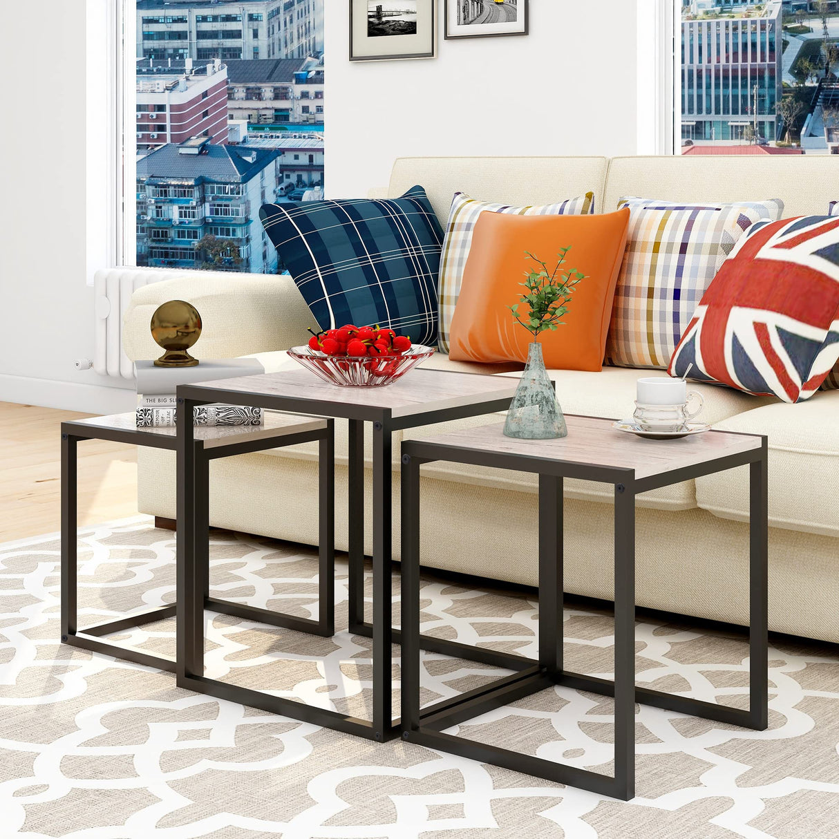 HAHRIR Nesting Table Set of 3 Side Tables, Modern Coffee Table Stacking End Table with Metal Frame,Oak HAHRIR