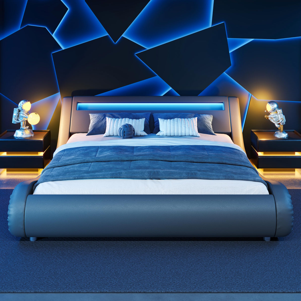 WEEWAY Modern Grey King Bed Frame with RGBW LED Lights and Adjustable Storage Headboard WEEWAY