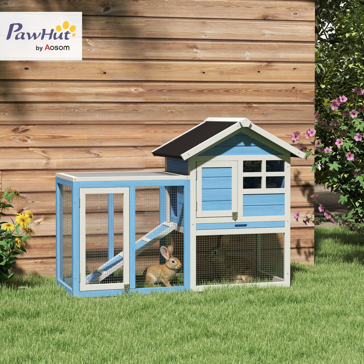 PawHut 48" Wooden Rabbit Hutch Bunny Cage with Waterproof Asphalt Roof, Fun Outdoor Run, Removable Tray and Ramp, Light Blue PawHut