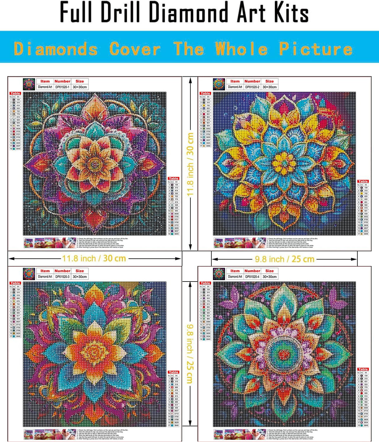 EIBEILI 4 Pack Diamond Art Kits for Adults - Mandala 5D Diamond Painting Kits for Beginner,DIY Gem Art Full Drill Diamond Dots Crystal Craft Kits for Gift Home Wall Decor 12x12inch EIBEILI