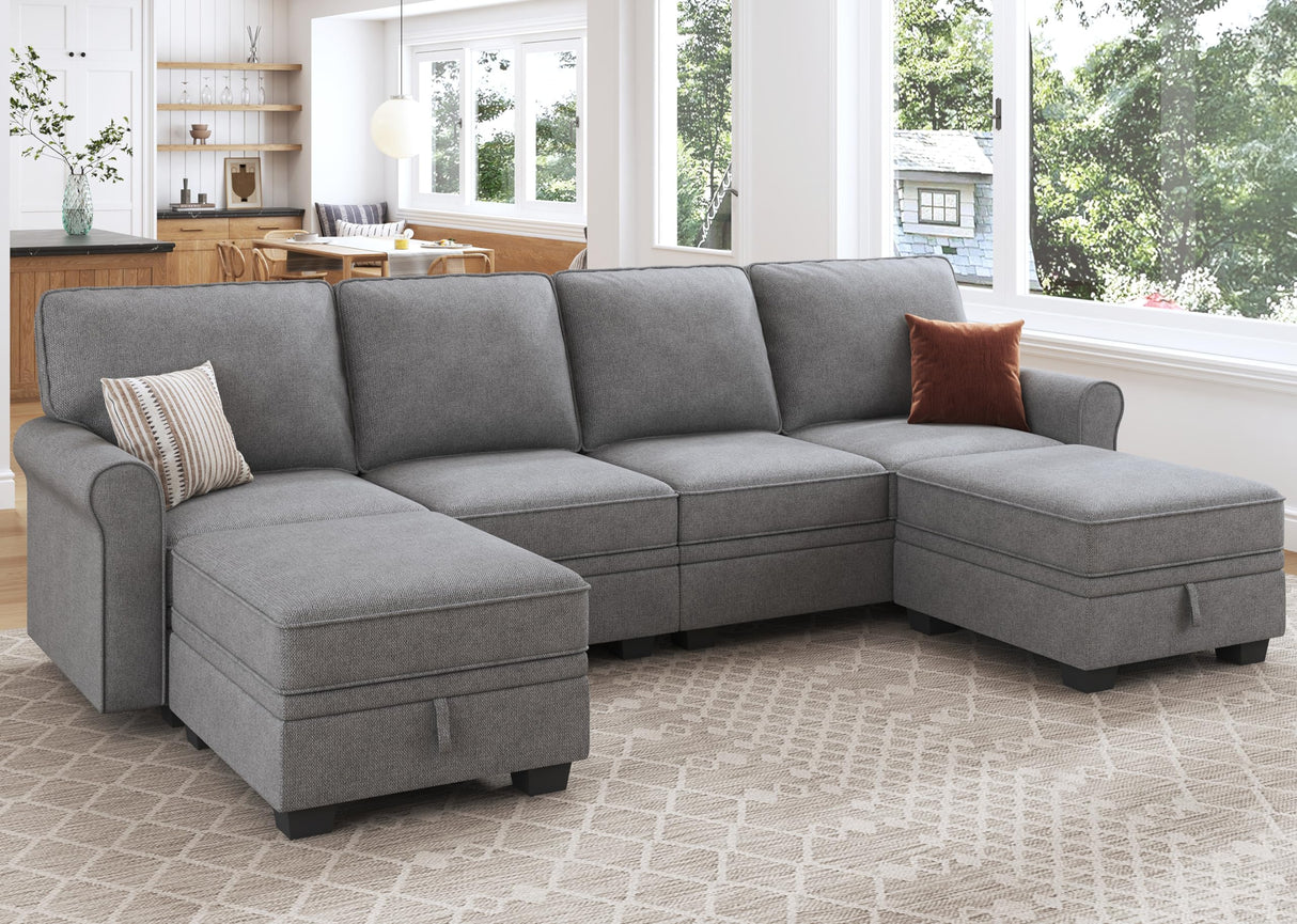 HONBAY Convertible Sectional Sofa with Storage Seat 6 Seat Sofa with Reversible Chaise U Shaped Sectional Couch for Living Room,Light Grey HONBAY