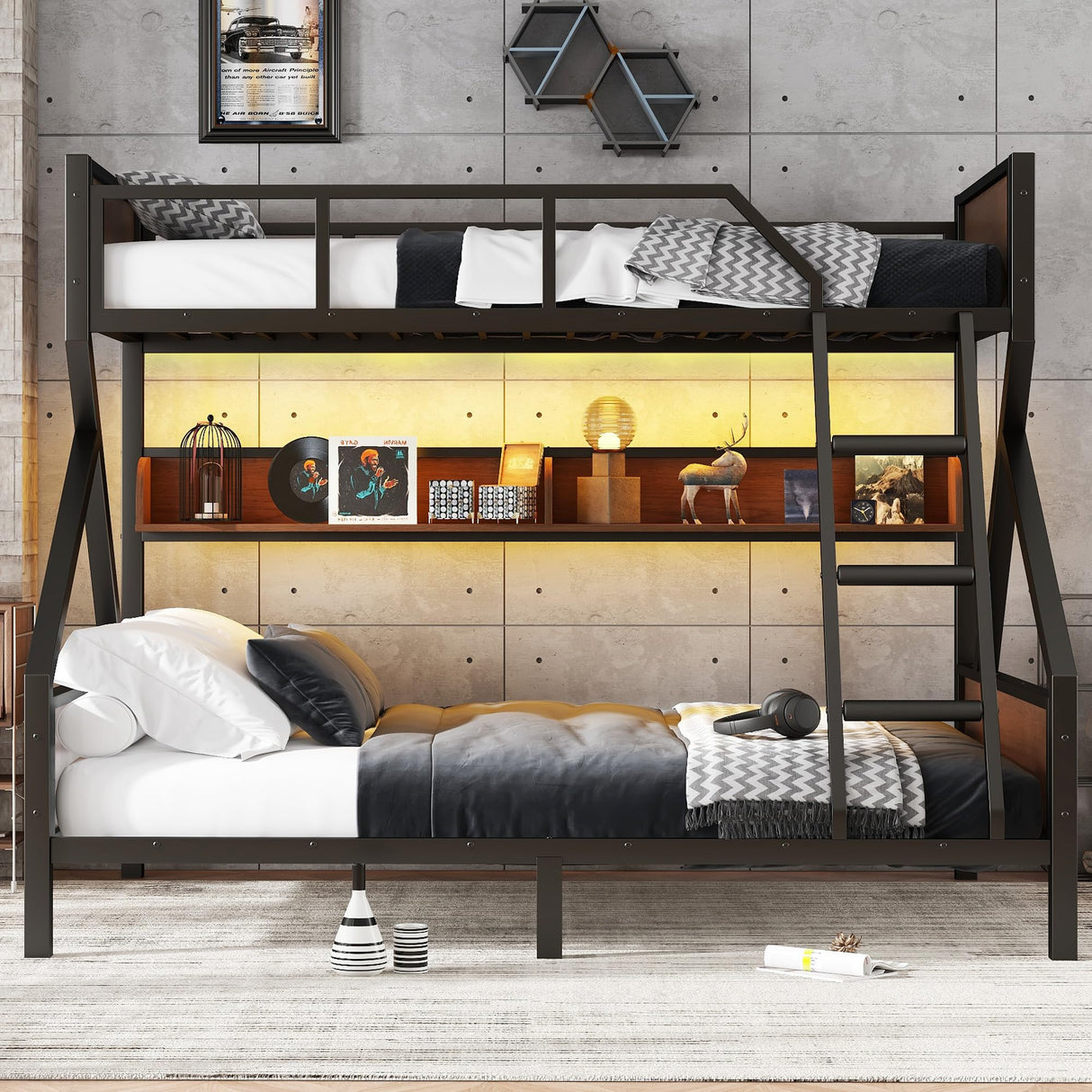 Twin XL Over Queen Bunk Bed with Storage Shelf and RGB LED Lights, Adults Bunk Bed with Angle Padded Ladder, Heavy Duty Bunk Beds with Noise-Reducing Rubber Stoppers, Black Bellemave