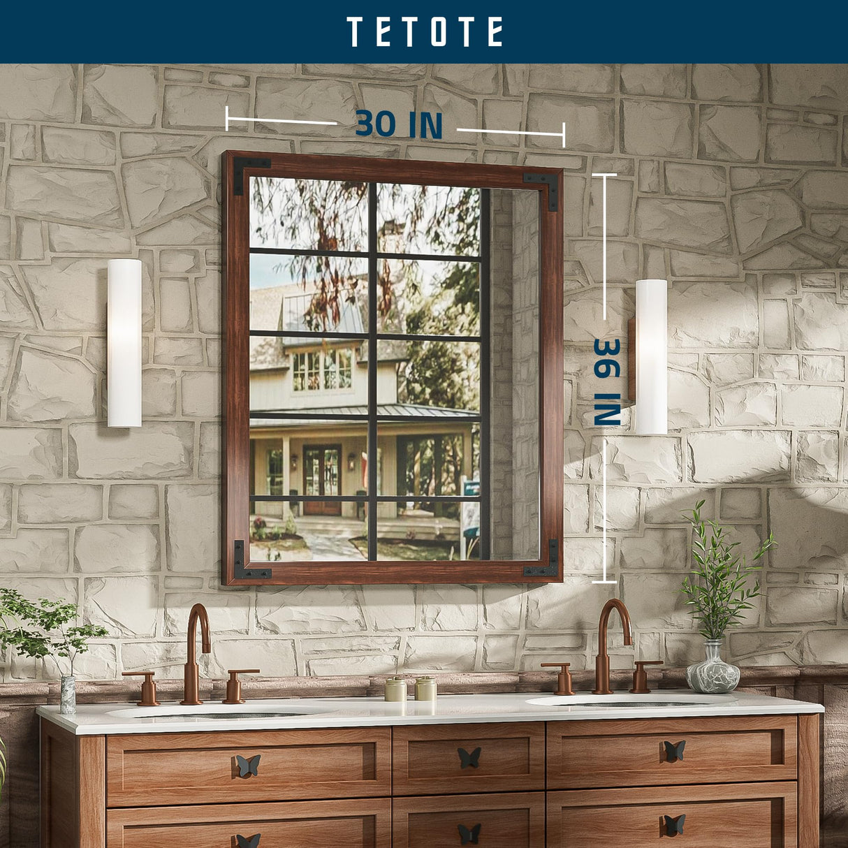 TETOTE Wooden Mirror for Bathroom Vanity 30 x 36 Inch Rustic Farmhouse Brown Walnut Wood Frame Rectangle Wall Mirror for Living Room Bedroom Entryway, Horizontal/Vertical, Easy to Install TETOTE