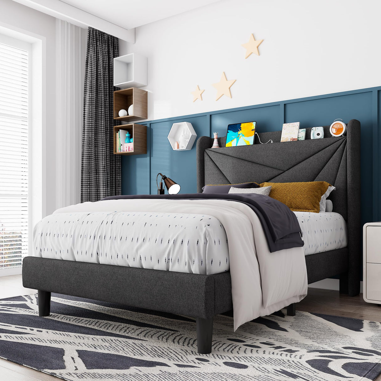 Feonase Twin Bed Frame, Upholstered Bed Frame with Charging Station, Wingback Storage Headboard, No Box Spring Needed, Noise-Free, Dark Gray Feonase