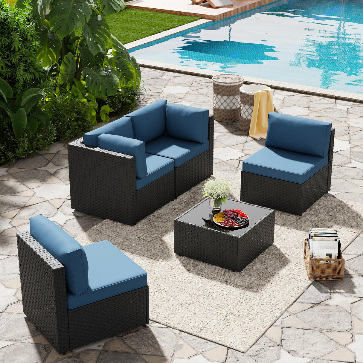 5 Piece Patio Furniture Sets, Low Back All-Weather Rattan Sectional Sofa with Tea Table&Washable Couch Cushions, Patio Furniture Sets, Black Rattan SUNLEI